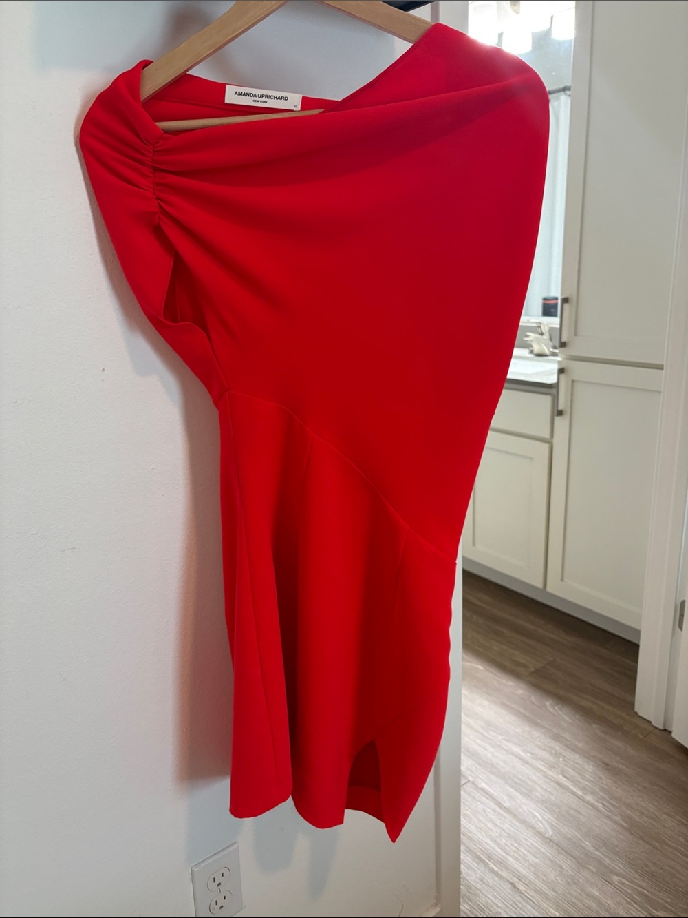 Amanda Uprichard Red Asymmetric Draped Midi Dress